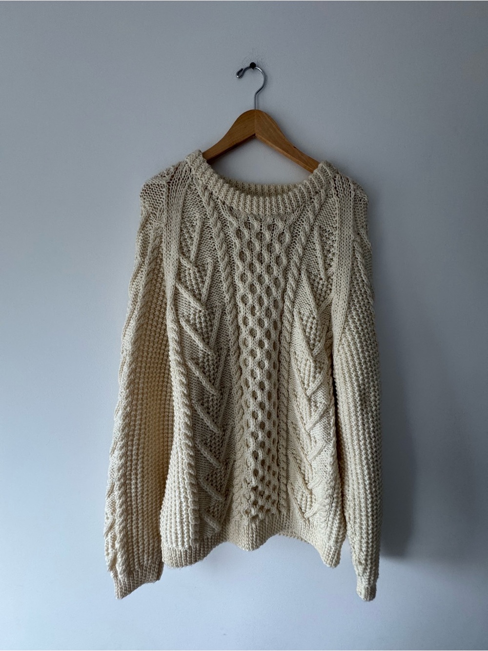 Handmade Aran Cable Knit Crewneck Sweater in Cream